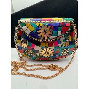Ramla BOHO Mosaic Shell Clutch - Gold & Multicolor Inlay Statement Purse